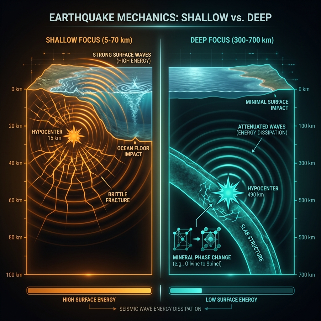 Diagram comparing shallow and deep earthquake mechanisms, showing wave attenuation and mineral phase transitions at 490km depth