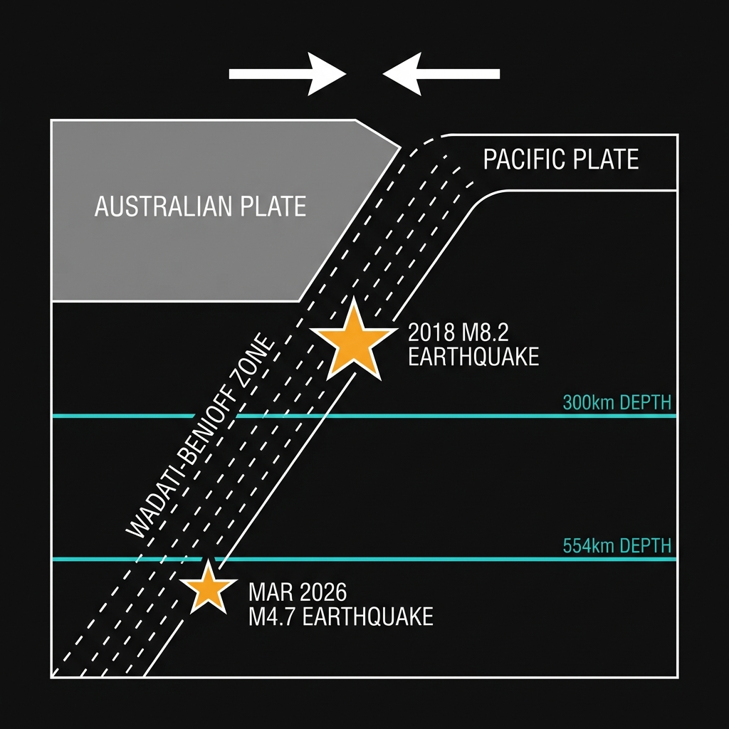 Diagram of the Fiji subduction zone showing the Pacific Plate descending beneath the Australian Plate with marked epicenters for the 2018 and 2026 earthquakes