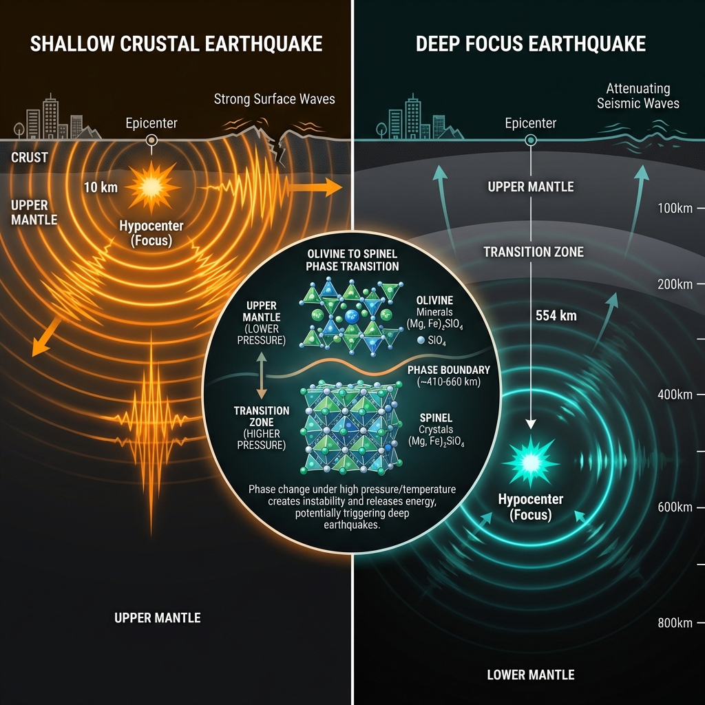 Infographic comparing shallow and deep earthquake energy propagation, showing wave attenuation through mantle layers and the olivine-spinel phase transition zone