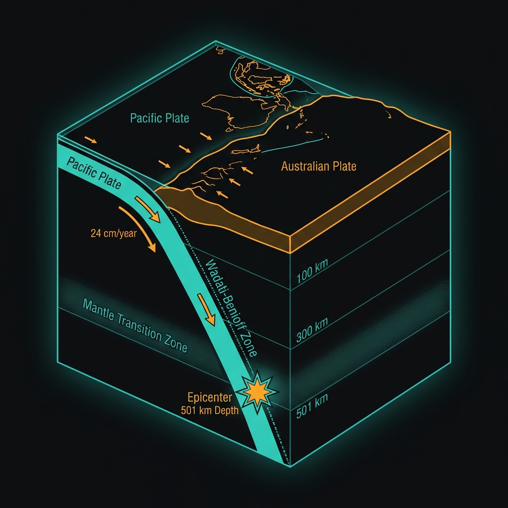 Diagram showing the Tonga subduction zone cross-section with the Wadati-Benioff zone and earthquake epicenter at 501 kilometers depth