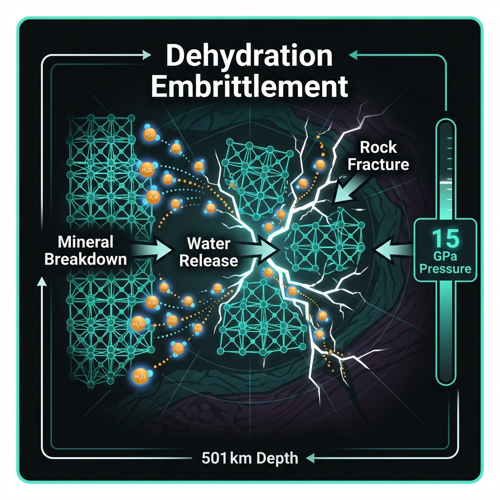 Scientific diagram illustrating dehydration embrittlement process where minerals release water at 501 kilometers depth causing rock fractures