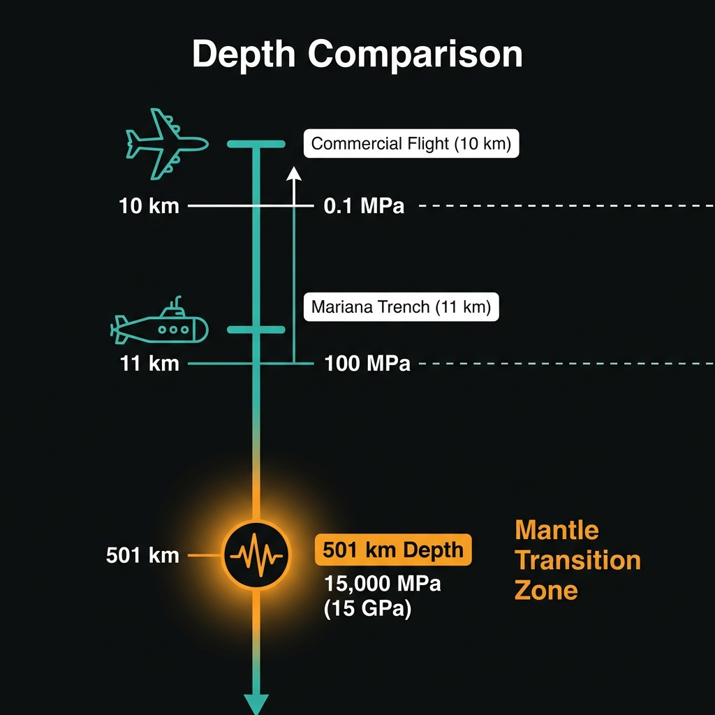 Depth and pressure comparison chart showing 501 kilometers depth versus Mariana Trench and commercial flight altitude with 15 GPa pressure indicator