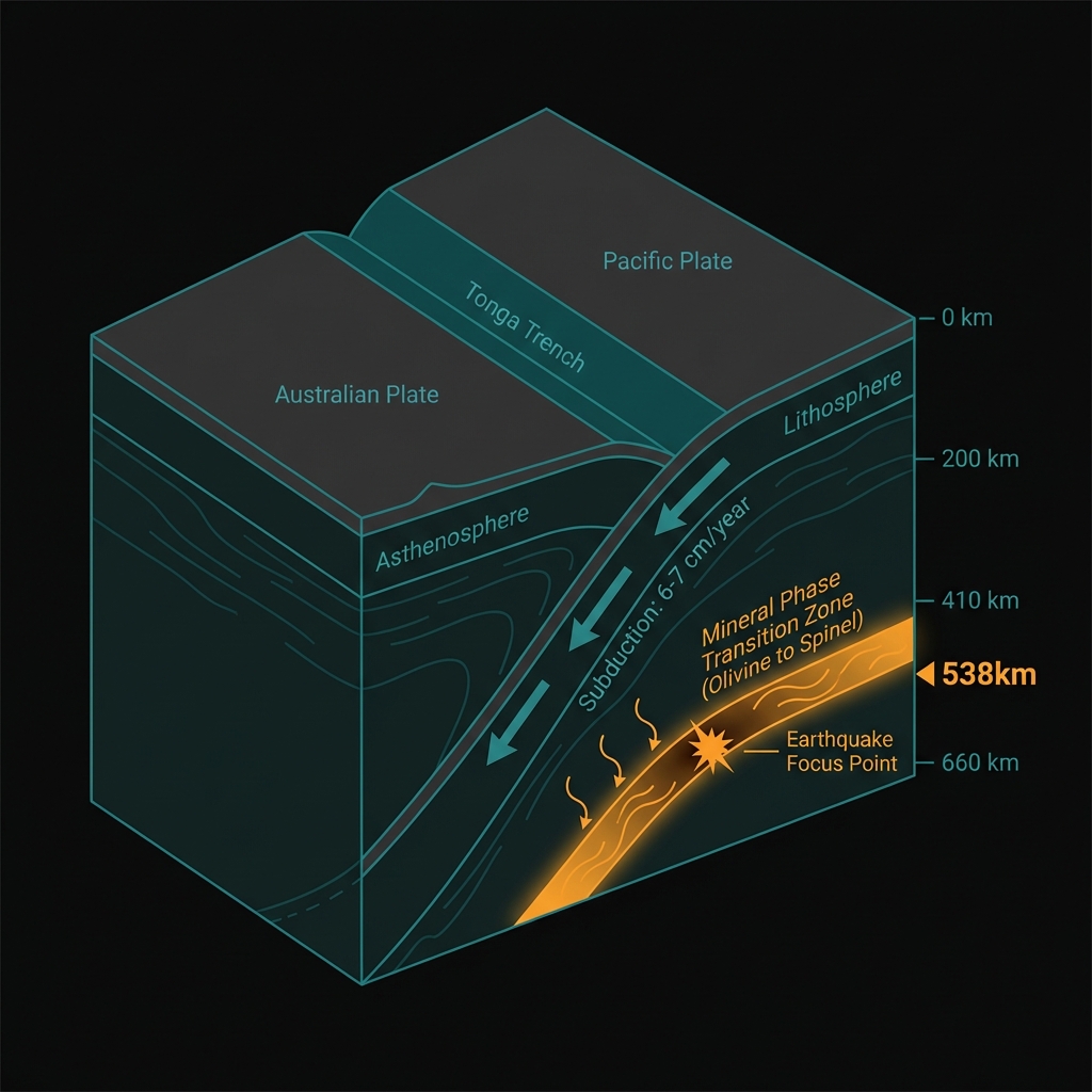 Diagram showing the Pacific Plate subducting beneath the Australian Plate at the Tonga-Kermadec zone, with mineral phase transition at 538km depth