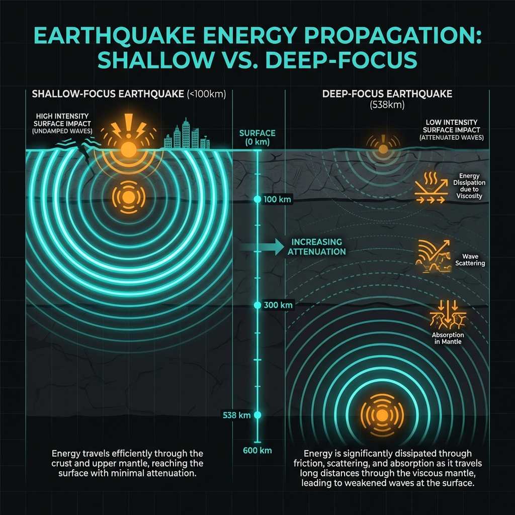 Diagram comparing how seismic waves from shallow earthquakes reach the surface with full intensity while waves from deep earthquakes at 538km depth are significantly attenuated