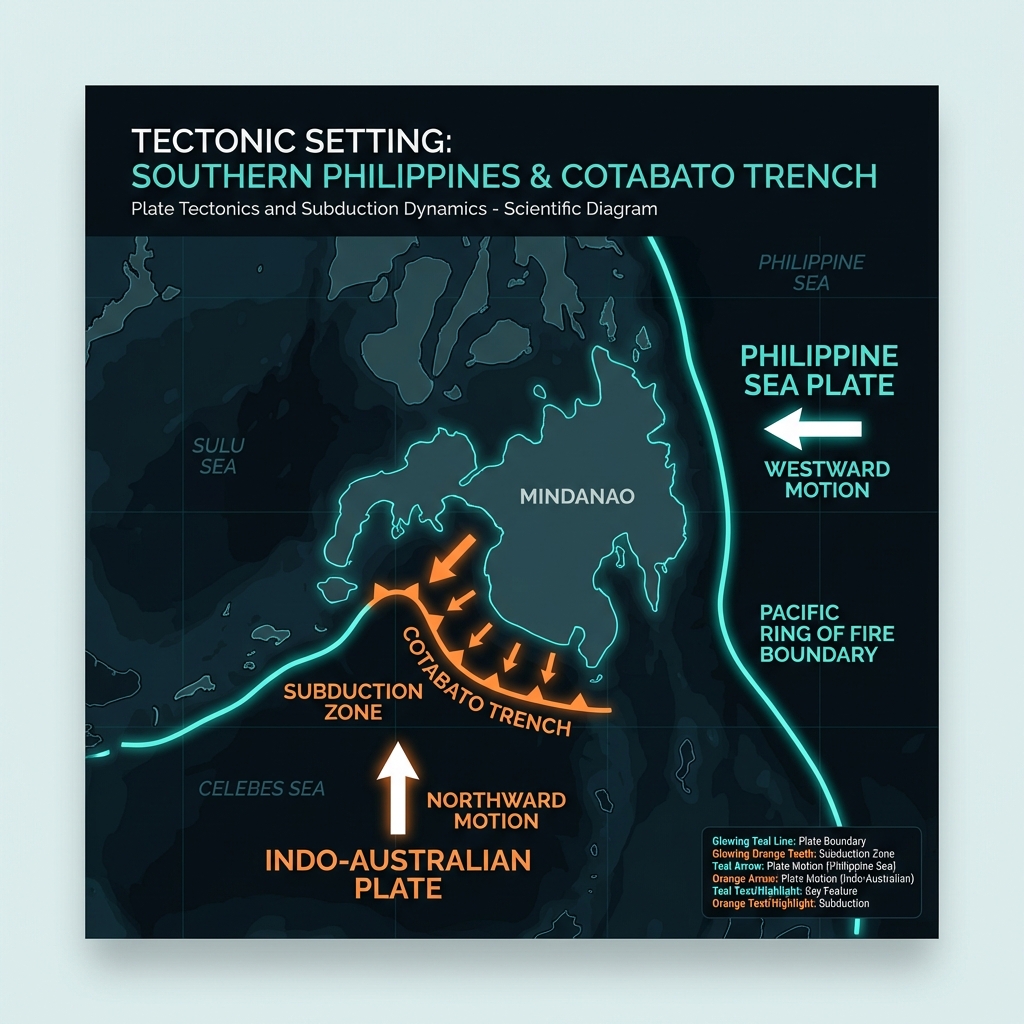 Tectonic map showing the collision of Indo-Australian and Philippine Sea Plates at the Cotabato Trench