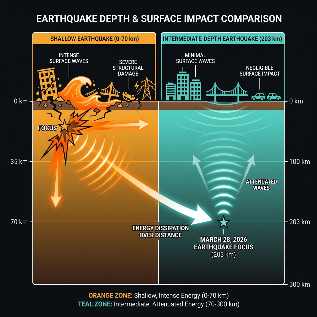 Diagram comparing energy transmission from shallow earthquakes versus the deep 203km earthquake showing wave attenuation