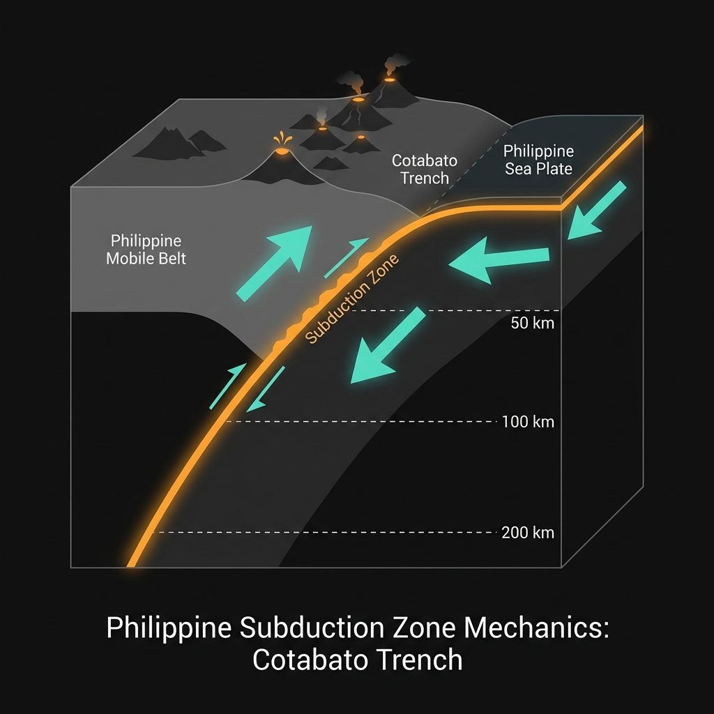 Scientific diagram showing the Philippine Sea Plate subducting beneath the Philippine Mobile Belt with depth markers
