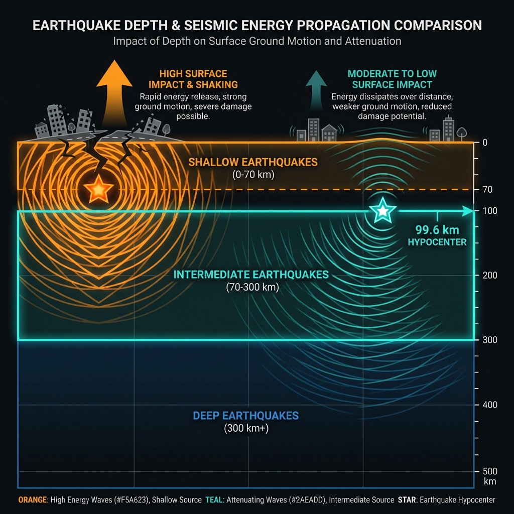 Diagram comparing shallow versus intermediate-depth earthquake wave propagation and intensity
