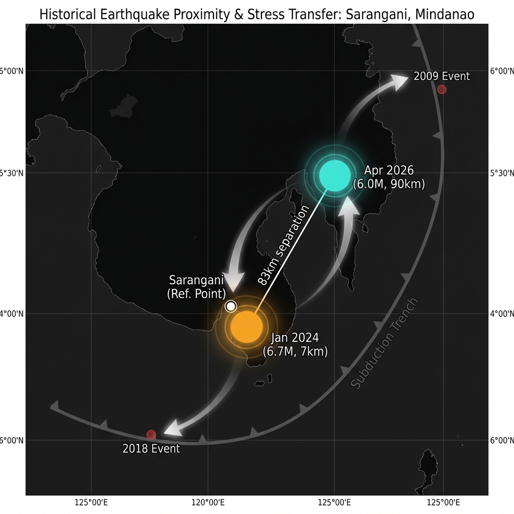 Map showing the spatial relationship between the 2024 and 2026 earthquakes near Sarangani with distance measurements