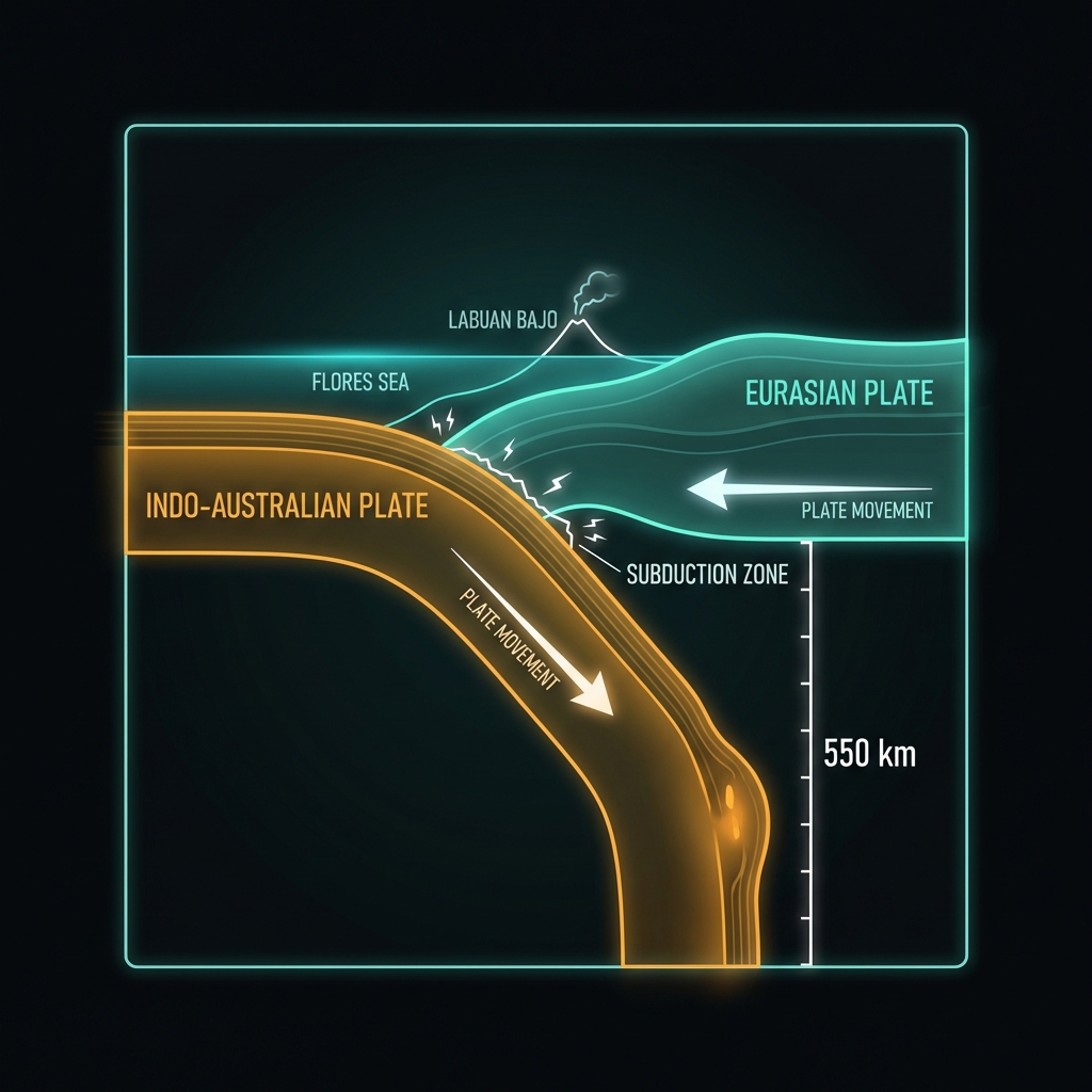 Diagram showing the Indo-Australian plate subducting beneath the Eurasian plate at the Flores Sea subduction zone