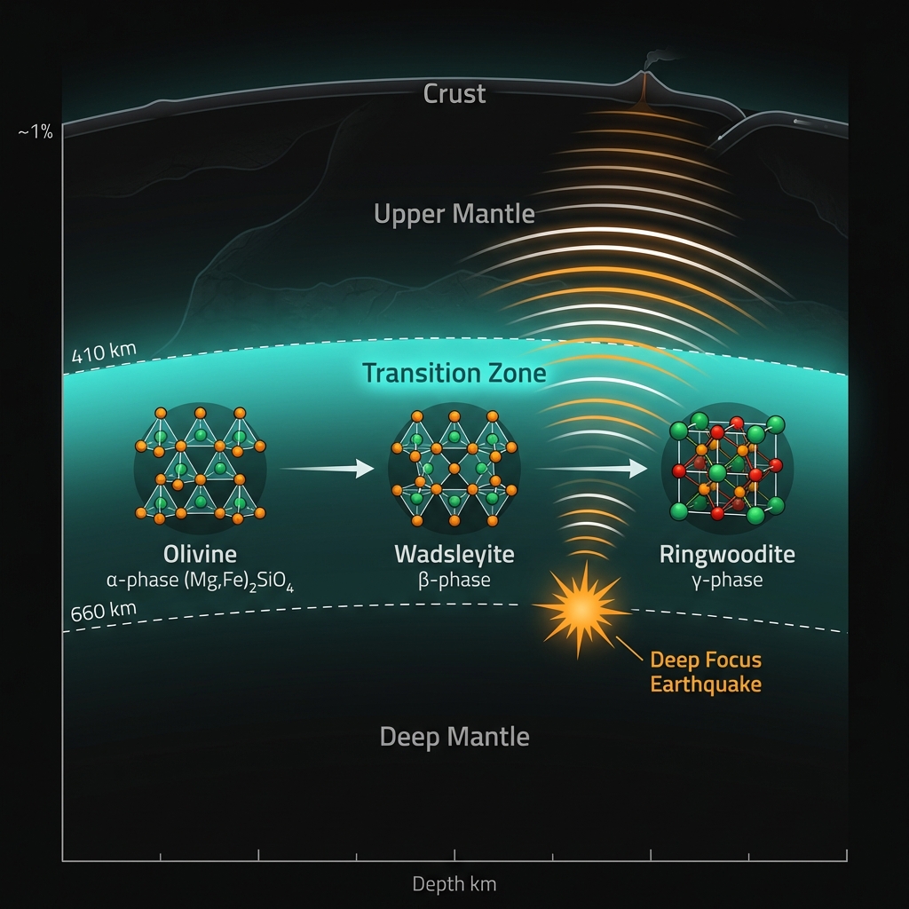 Diagram showing Earth's mantle transition zone with mineral phase changes and the 550km deep earthquake epicenter