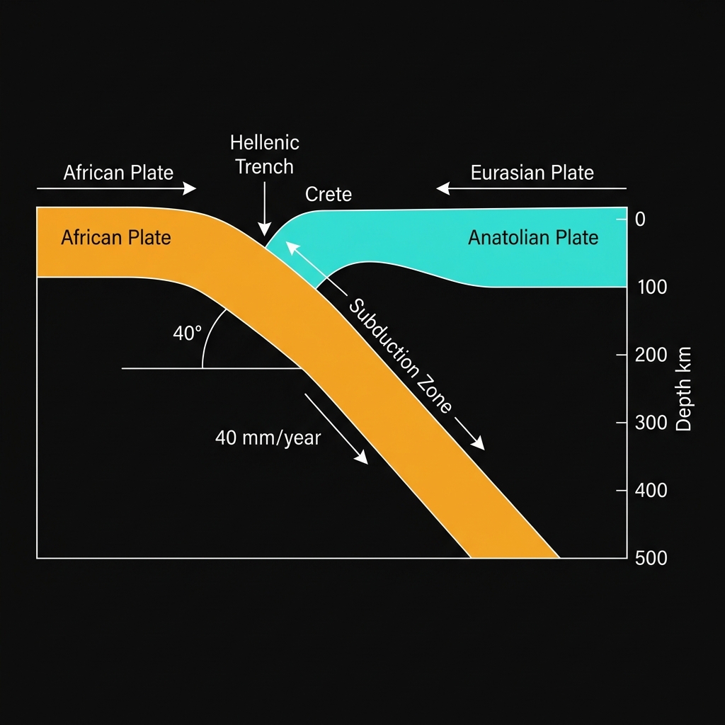 Diagram showing the African Plate subducting beneath the Eurasian Plate along the Hellenic Arc