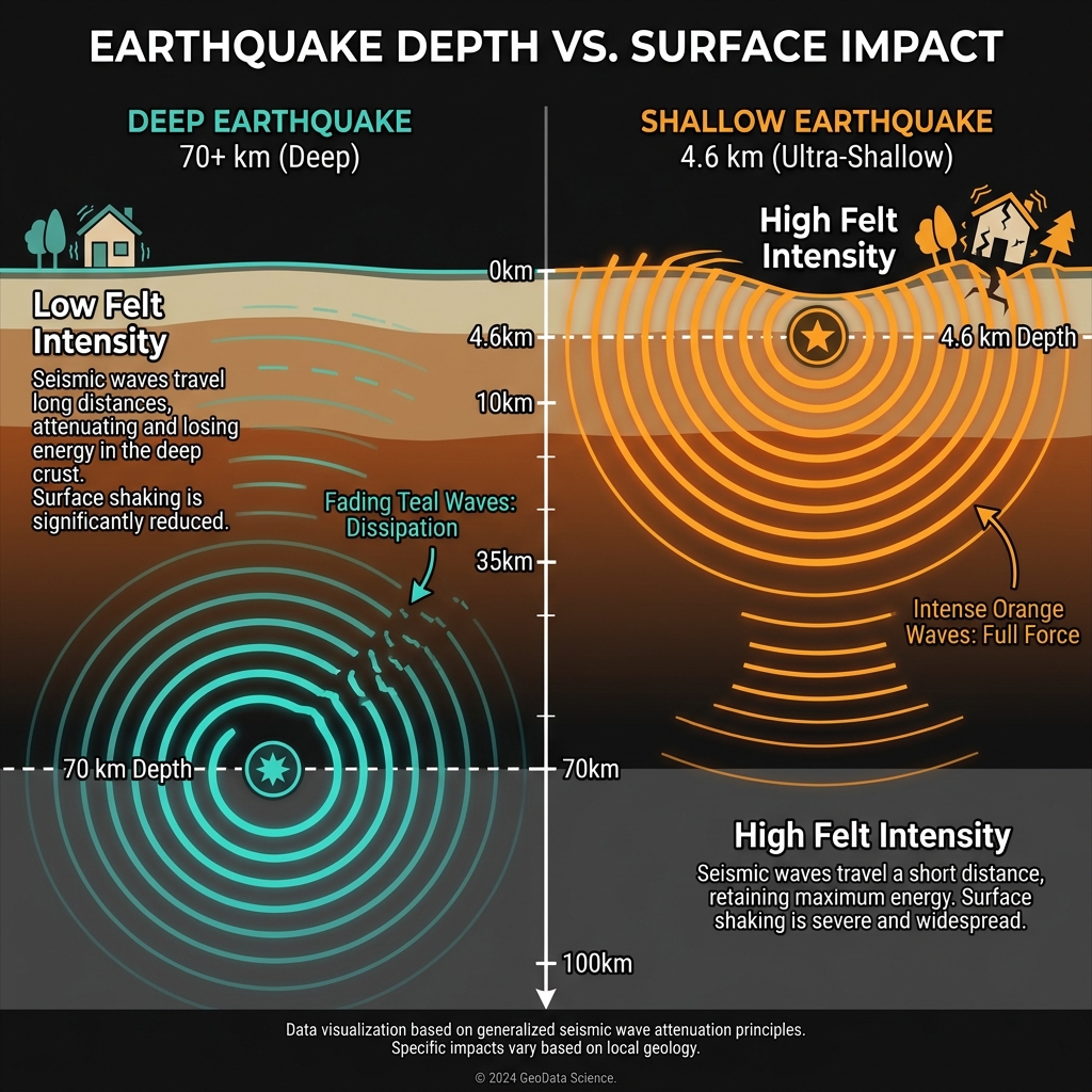 Diagram comparing how shallow earthquakes release more intense surface shaking than deep earthquakes