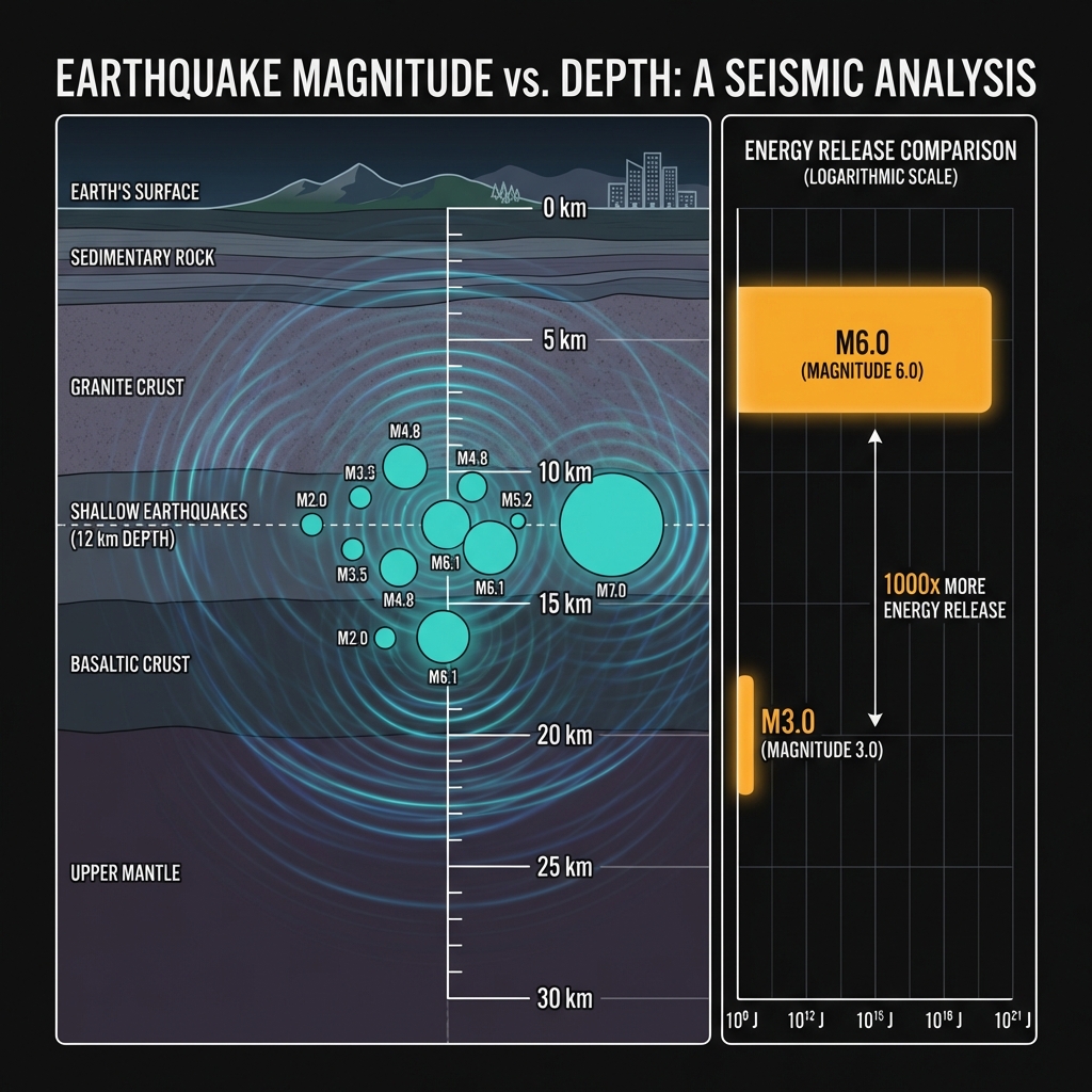 Diagram comparing earthquake depth and magnitude showing energy differences on a logarithmic scale