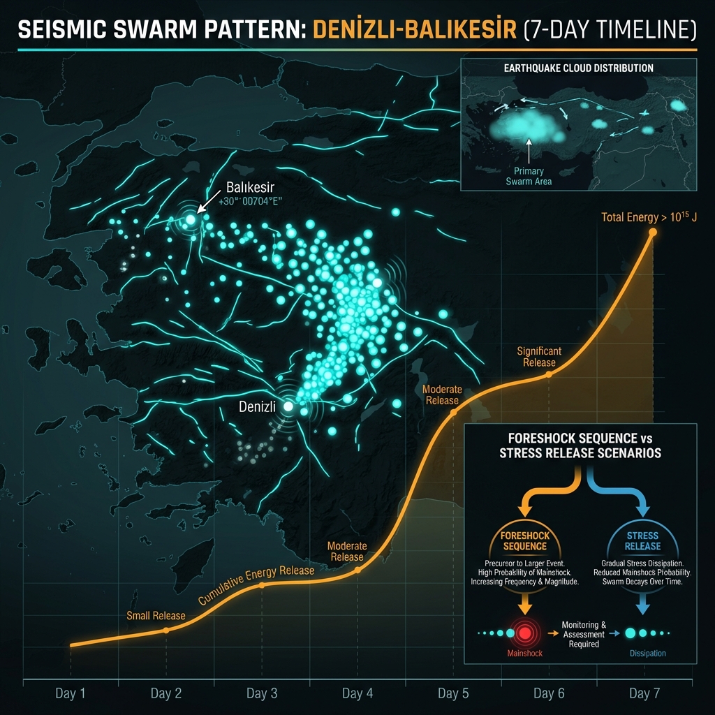 Seismic swarm visualization showing 400 earthquake events over seven days with energy release patterns
