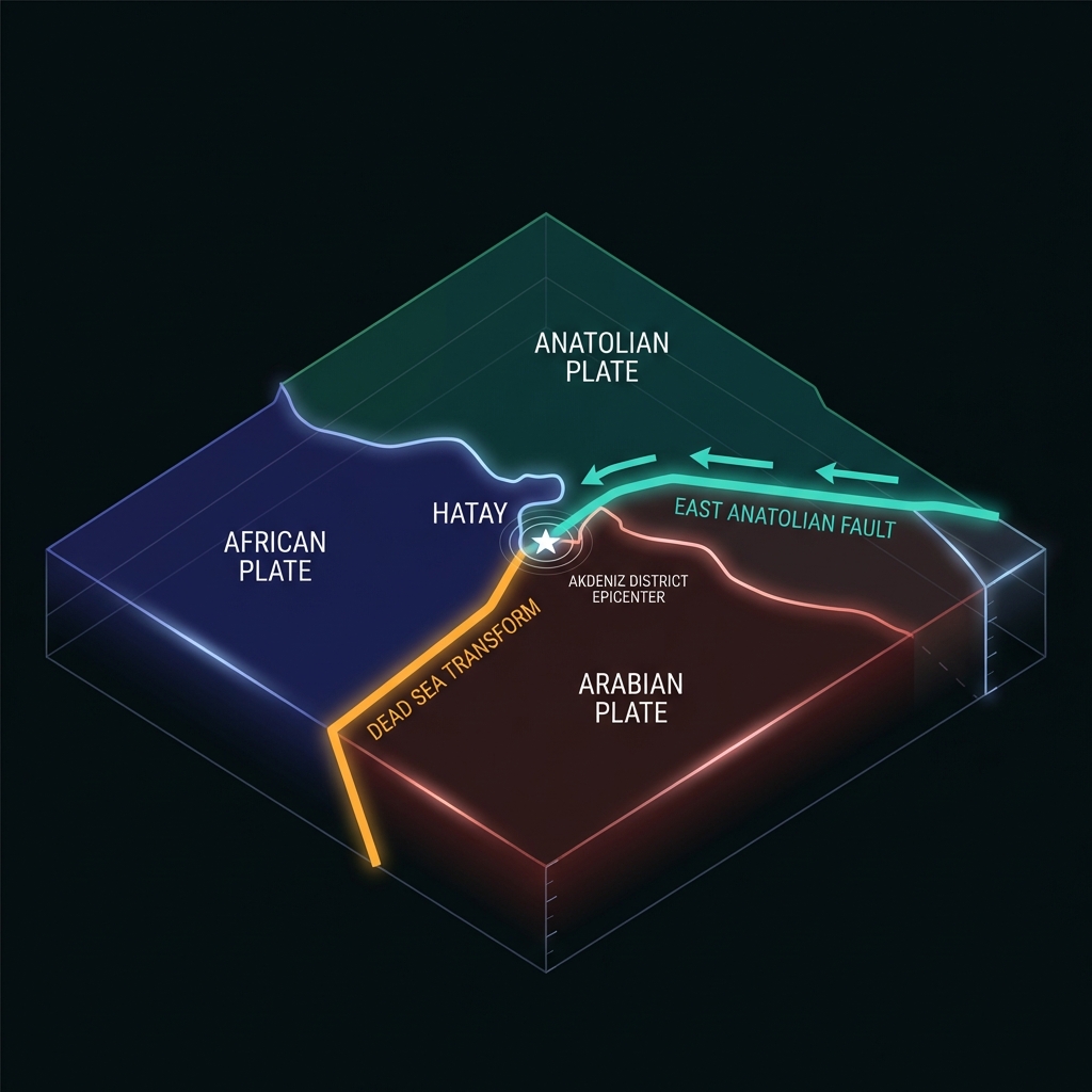 Tectonic diagram showing African, Arabian and Anatolian plates converging at Hatay with fault lines