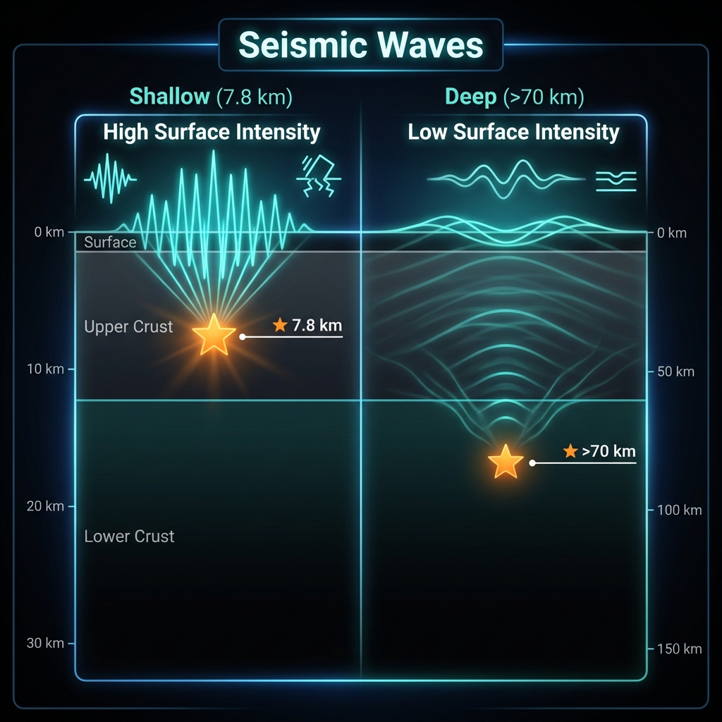 Cross-section diagram comparing shallow 7.8km and deep earthquake wave propagation patterns