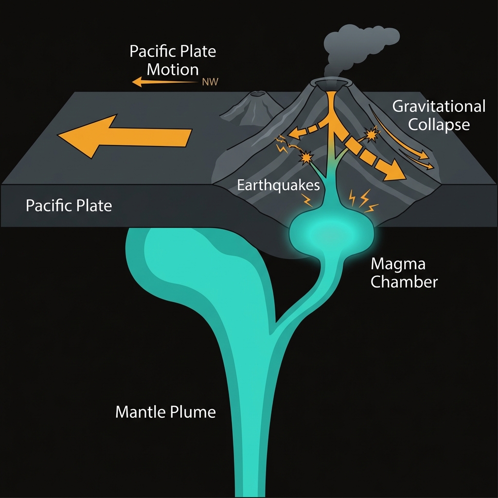 Diagram showing Hawaiian hotspot mechanism with Pacific Plate movement, magma plume, and gravitational collapse zones
