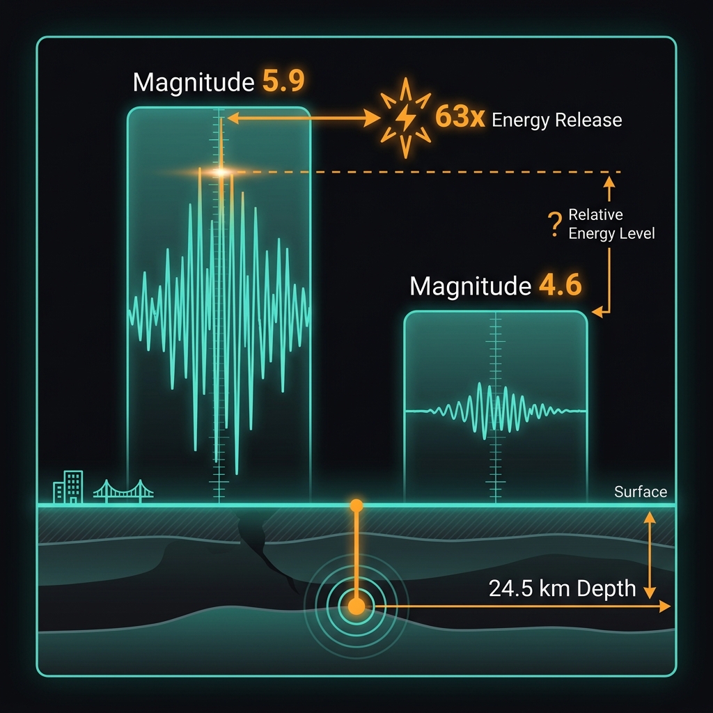 Infographic comparing earthquake magnitudes 4.6 and 5.9 showing 63 times energy difference and 24.5 km depth