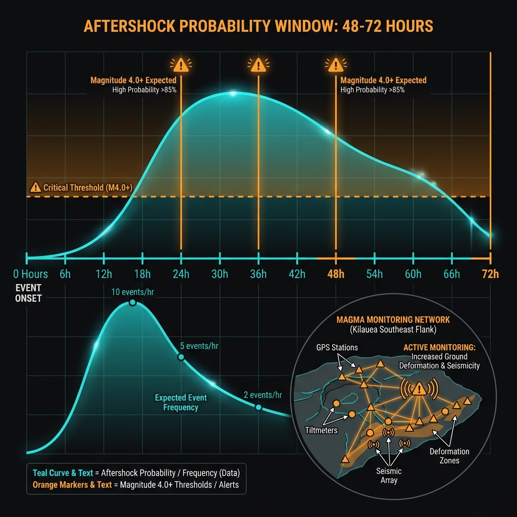 Timeline diagram showing 48-72 hour aftershock probability forecast and magma monitoring station locations