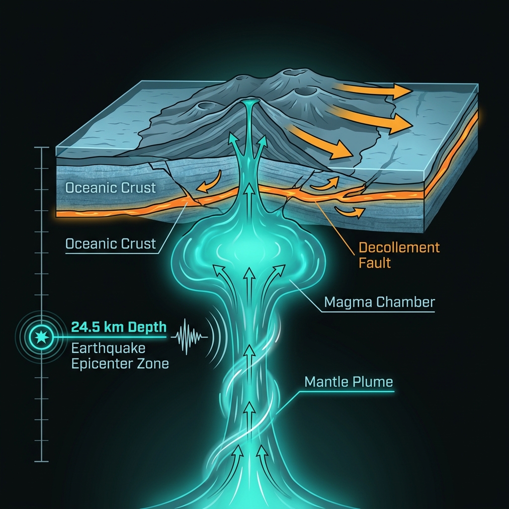 Geological cross-section diagram showing Hawaiian hotspot, magma plumbing system, and the 24.5km depth where the earthquake occurred