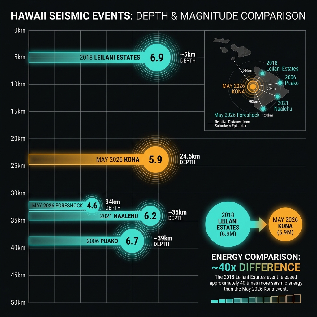 Infographic comparing magnitude and depth of recent Hawaii earthquakes including the 2026 Kona event, 2018 Leilani Estates, and 2006 Puako earthquake