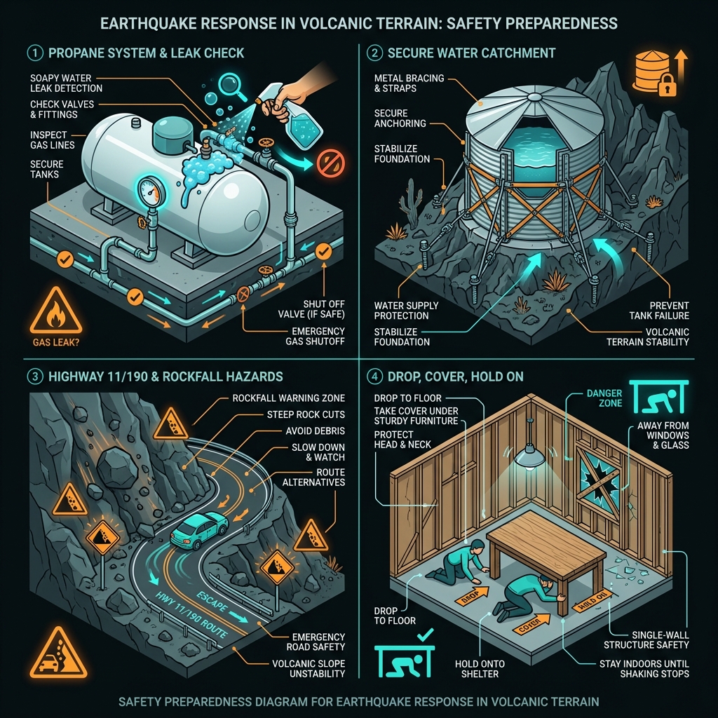 Safety diagram showing propane tank inspection, water catchment securing, highway rockfall avoidance, and drop-cover-hold procedures for Kona residents