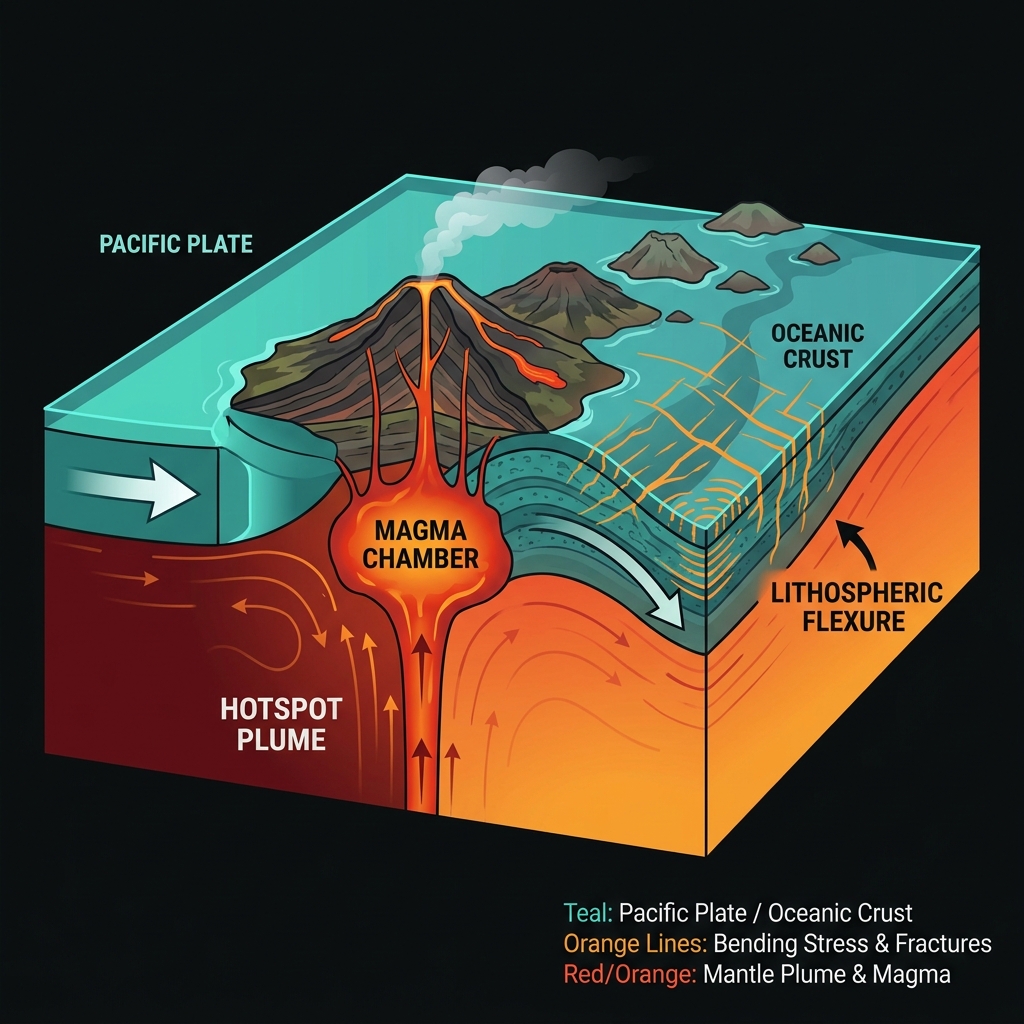 Diagram illustrating Hawaii's hotspot mechanism and lithospheric flexure under the island's weight