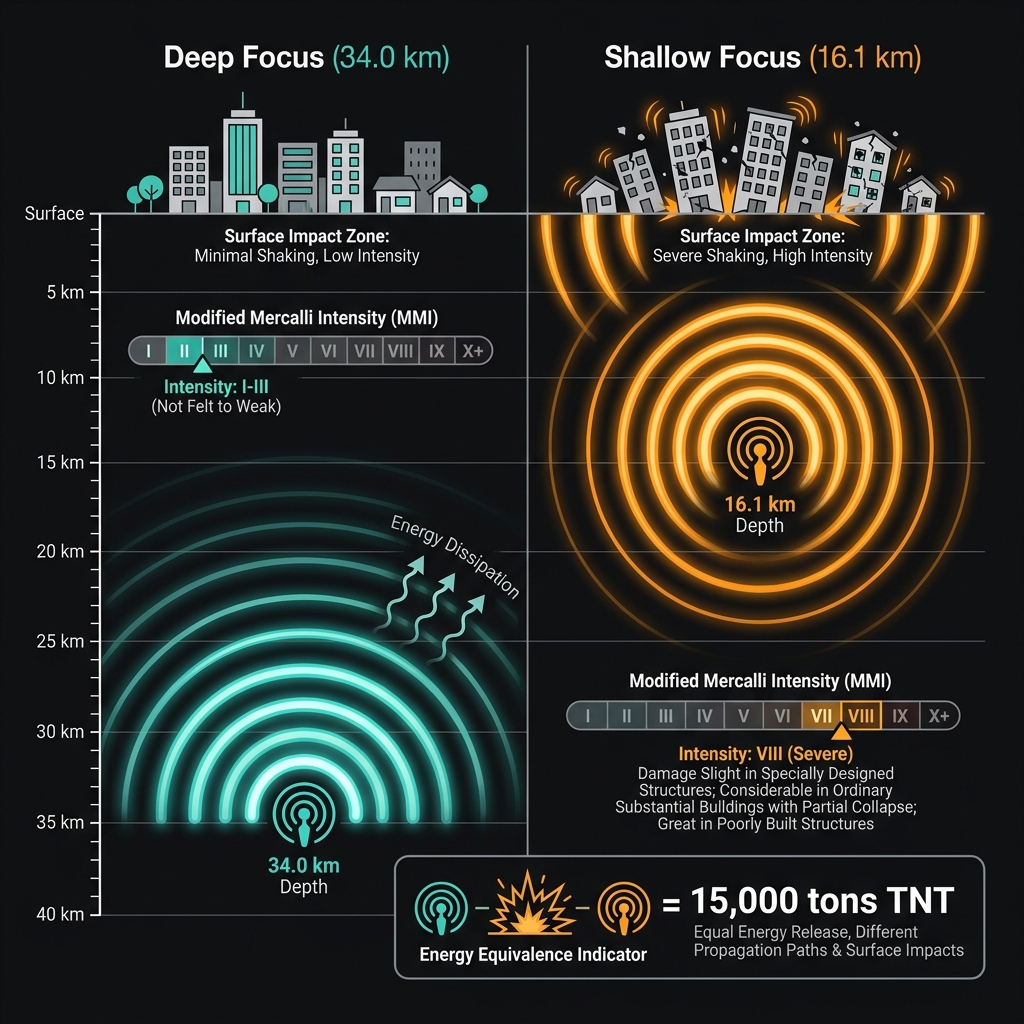 Comparison diagram showing how shallow earthquake depth increases surface impact compared to deeper events
