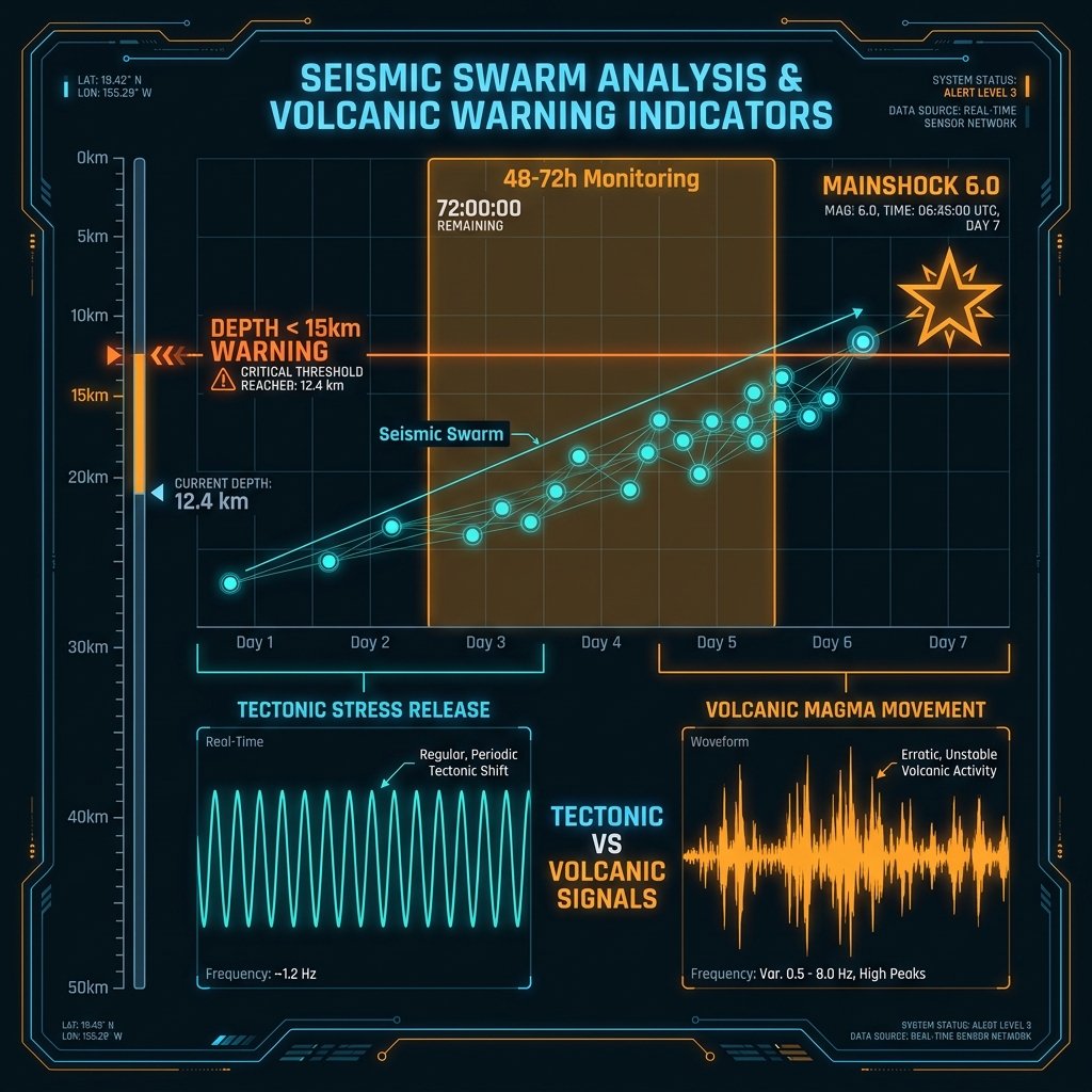 Diagram showing seismic monitoring parameters including swarm progression and volcanic warning signs to watch
