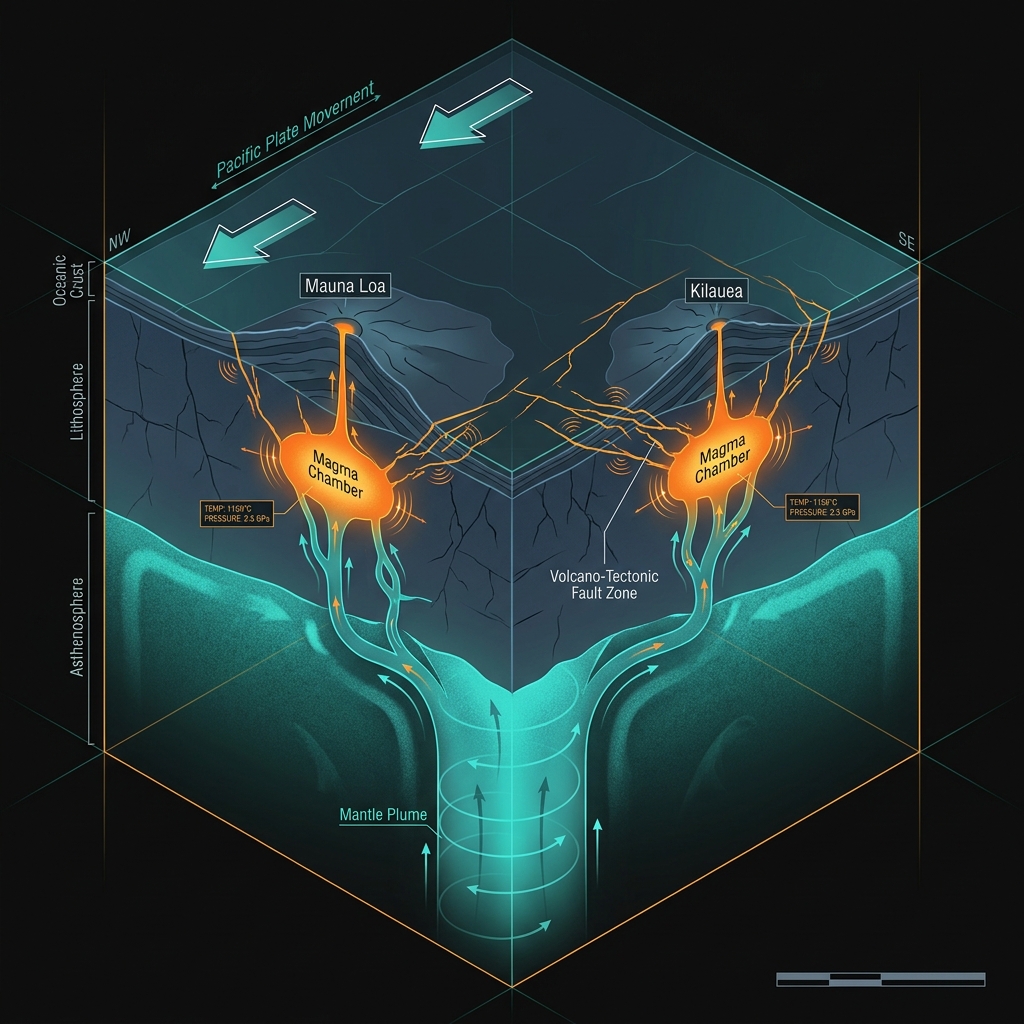 Cross-section diagram showing Hawaii's geological structure with the mantle plume feeding magma chambers under Mauna Loa and Kilauea, and the movement of the Pacific Plate.