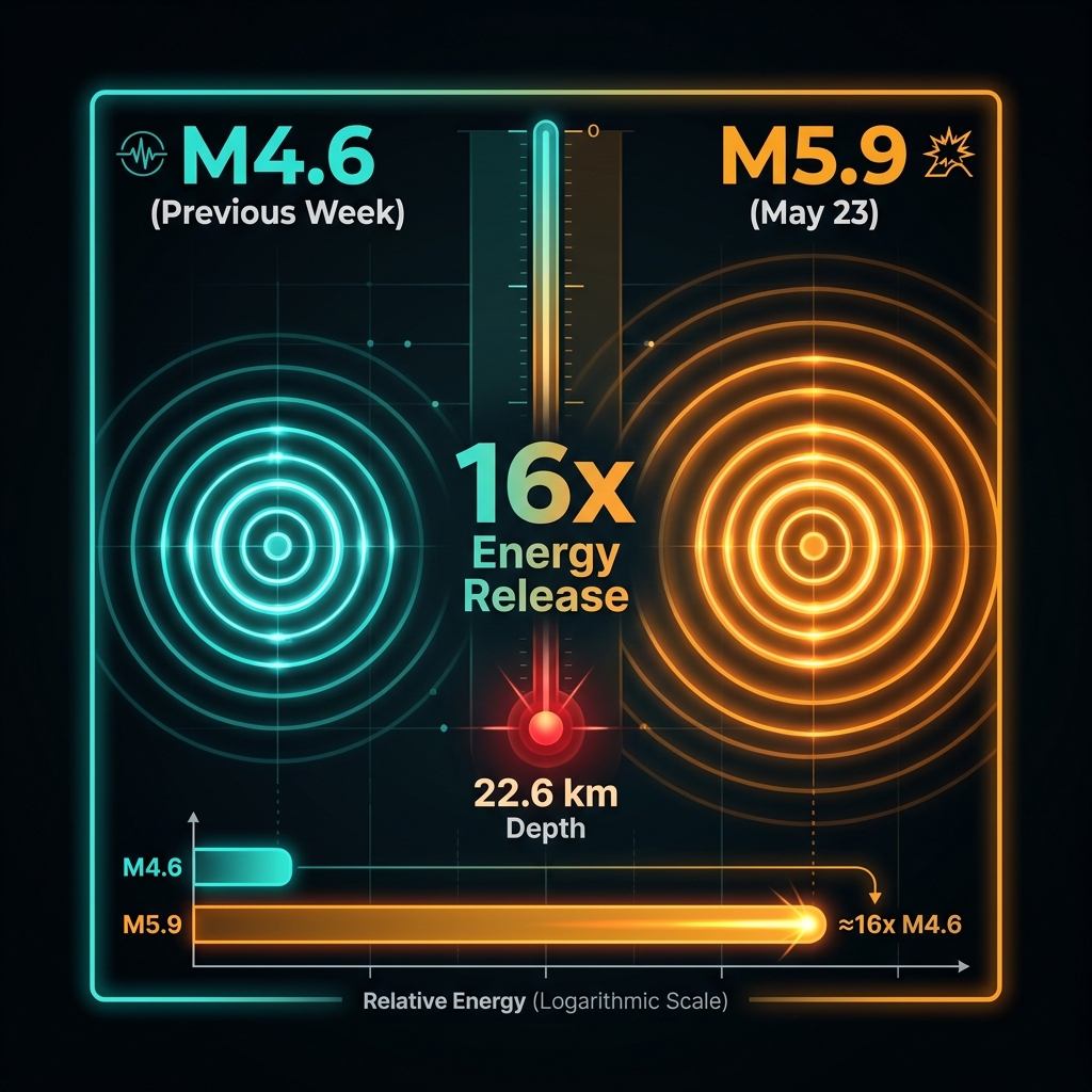Diagram comparing the M4.6 and M5.9 earthquakes, showing the 16x energy difference, 22.6 km depth profile, and relative seismic wave propagation.
