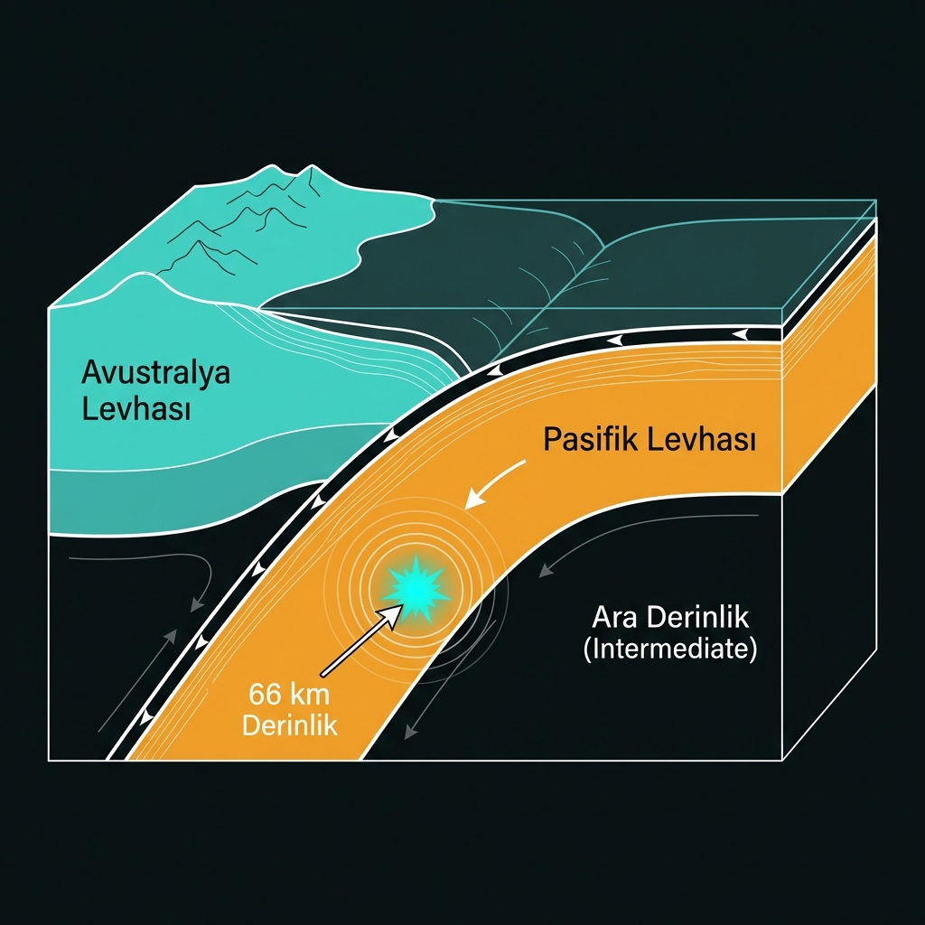 Cross-section diagram showing the Pacific Plate subducting under the Australian Plate with the earthquake epicenter marked at 66 kilometers depth