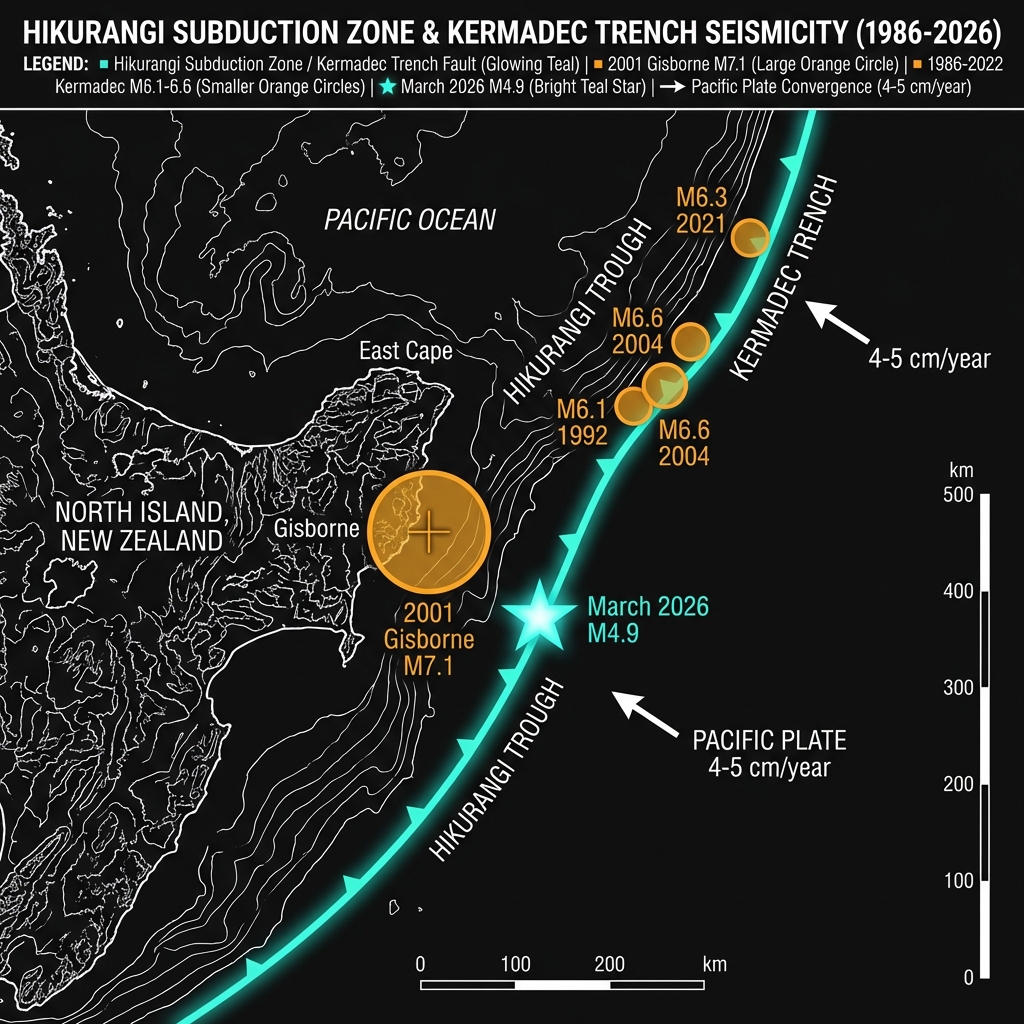 Map diagram showing historical earthquake locations along the Hikurangi Subduction Zone including the 2001 Gisborne earthquake and recent seismic events