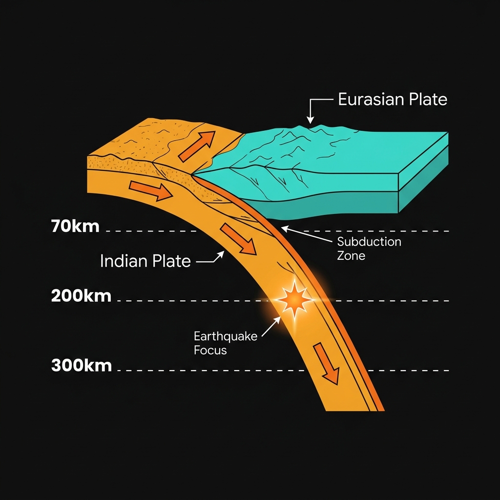 Diagram showing the Indian Plate subducting beneath the Eurasian Plate in the Hindu Kush region with depth markers indicating intermediate-depth earthquake zone