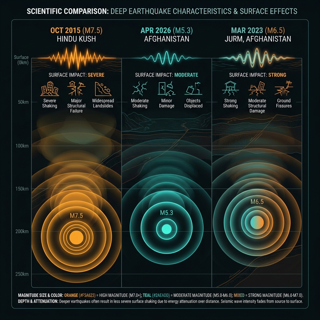 Comparison diagram showing three earthquakes at different depths with seismic wave attenuation patterns illustrating how deep earthquakes have reduced surface impact