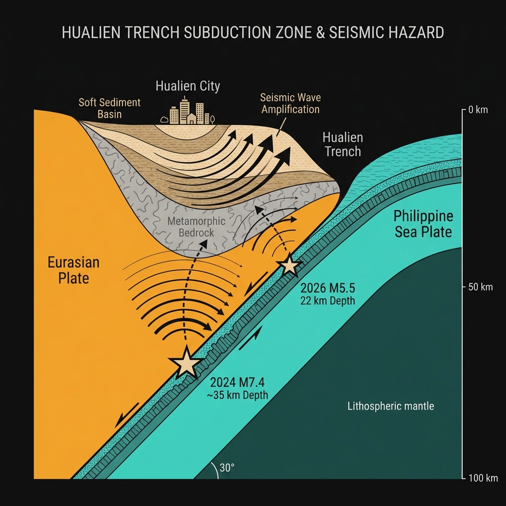 Tectonic cross-section diagram showing Philippine Sea Plate subduction beneath Hualien with earthquake depth markers and site amplification effect