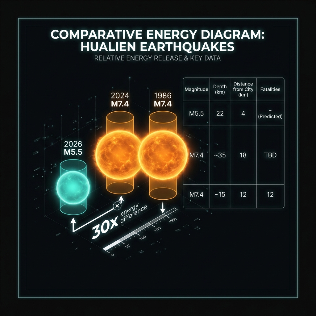 Comparative diagram showing relative energy release and data for the 2026, 2024, and 1986 Hualien earthquakes