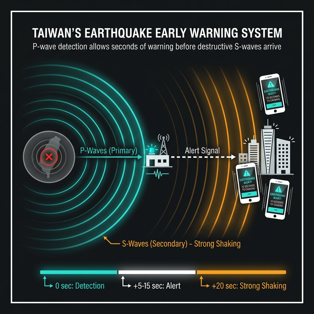 Diagram illustrating earthquake early warning system showing P-wave detection, alert transmission, and S-wave arrival timeline