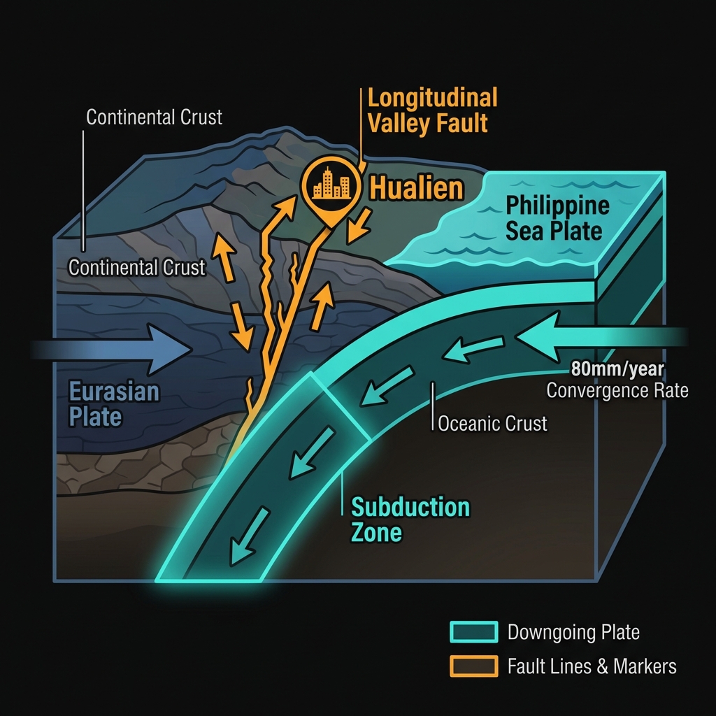 Diagram showing Philippine Sea Plate subduction beneath Eurasian Plate at the Longitudinal Valley Fault