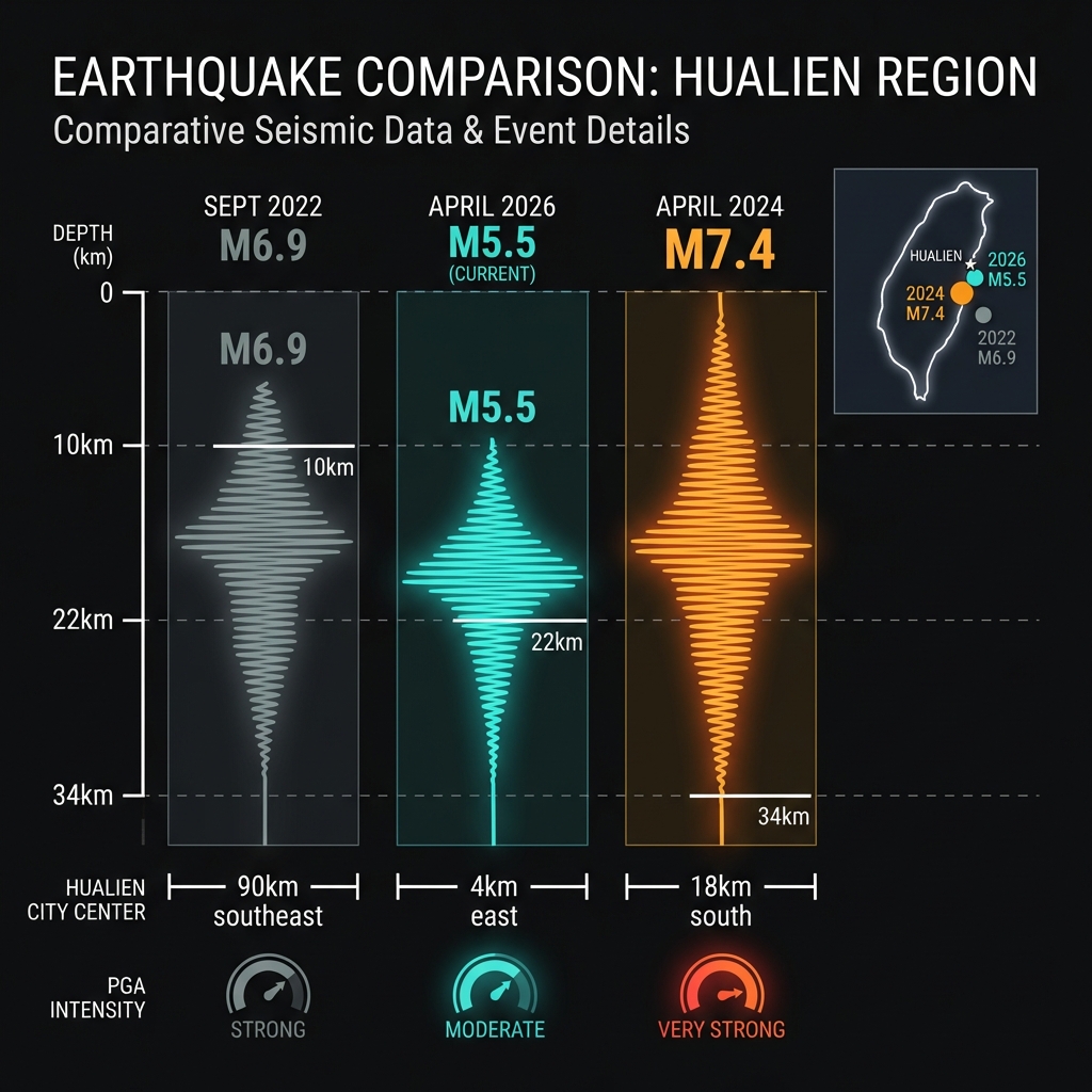Comparison chart of three Hualien earthquakes showing magnitude, depth, and distance from city center