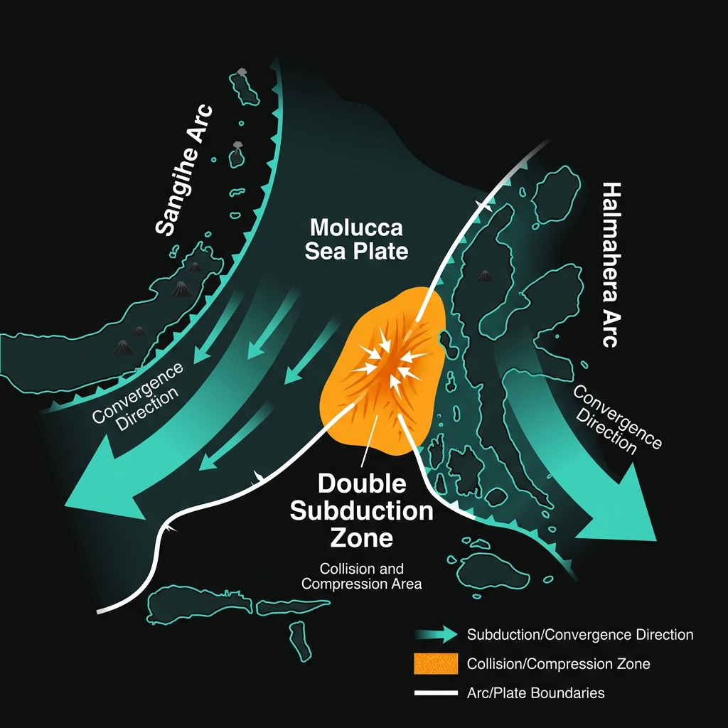Diagram showing the double subduction zone where the Sangihe and Halmahera tectonic arcs collide in the Molucca Sea