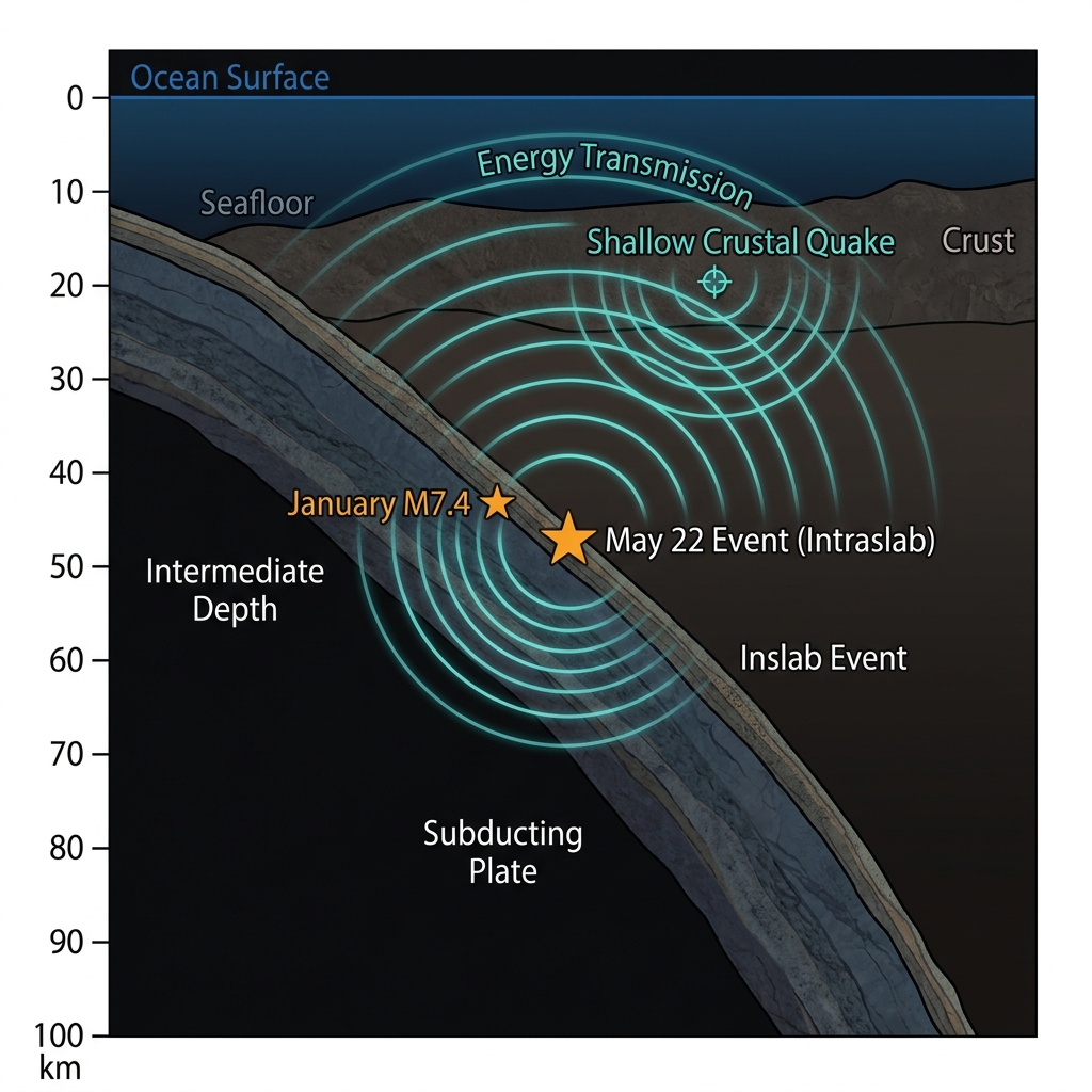 Cross-section diagram illustrating the 47.7 km intermediate depth of the earthquake within the descending tectonic plate