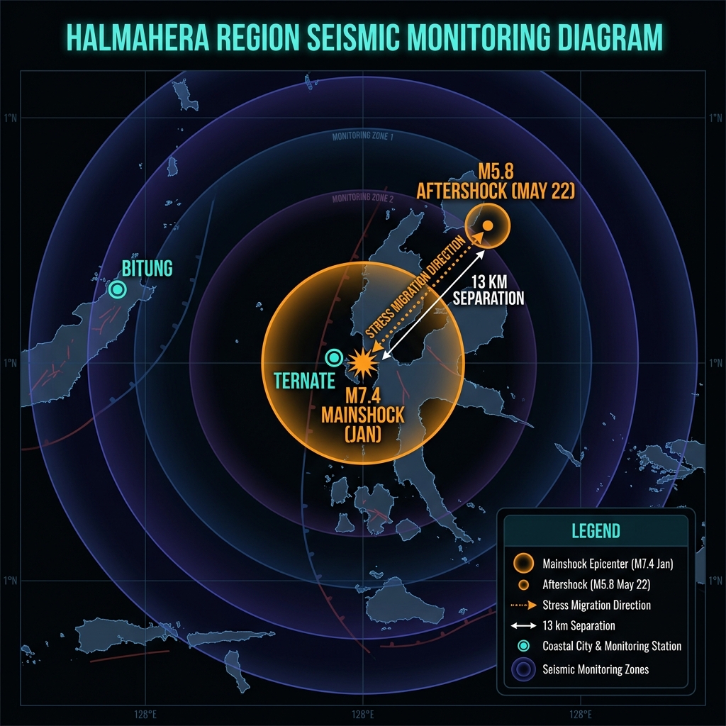 Map showing the 13-kilometer separation between the January mainshock and May aftershock epicenters near Bitung and Ternate