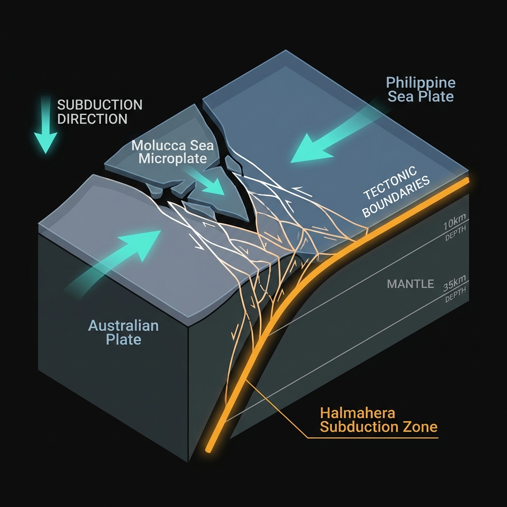 Diagram illustrating the collision of Philippine Sea and Australian plates in the North Maluku subduction zone