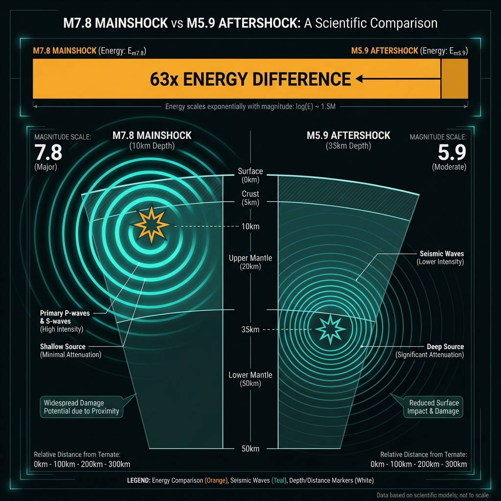 Diagram comparing earthquake magnitude, depth, and energy release between the mainshock and aftershock