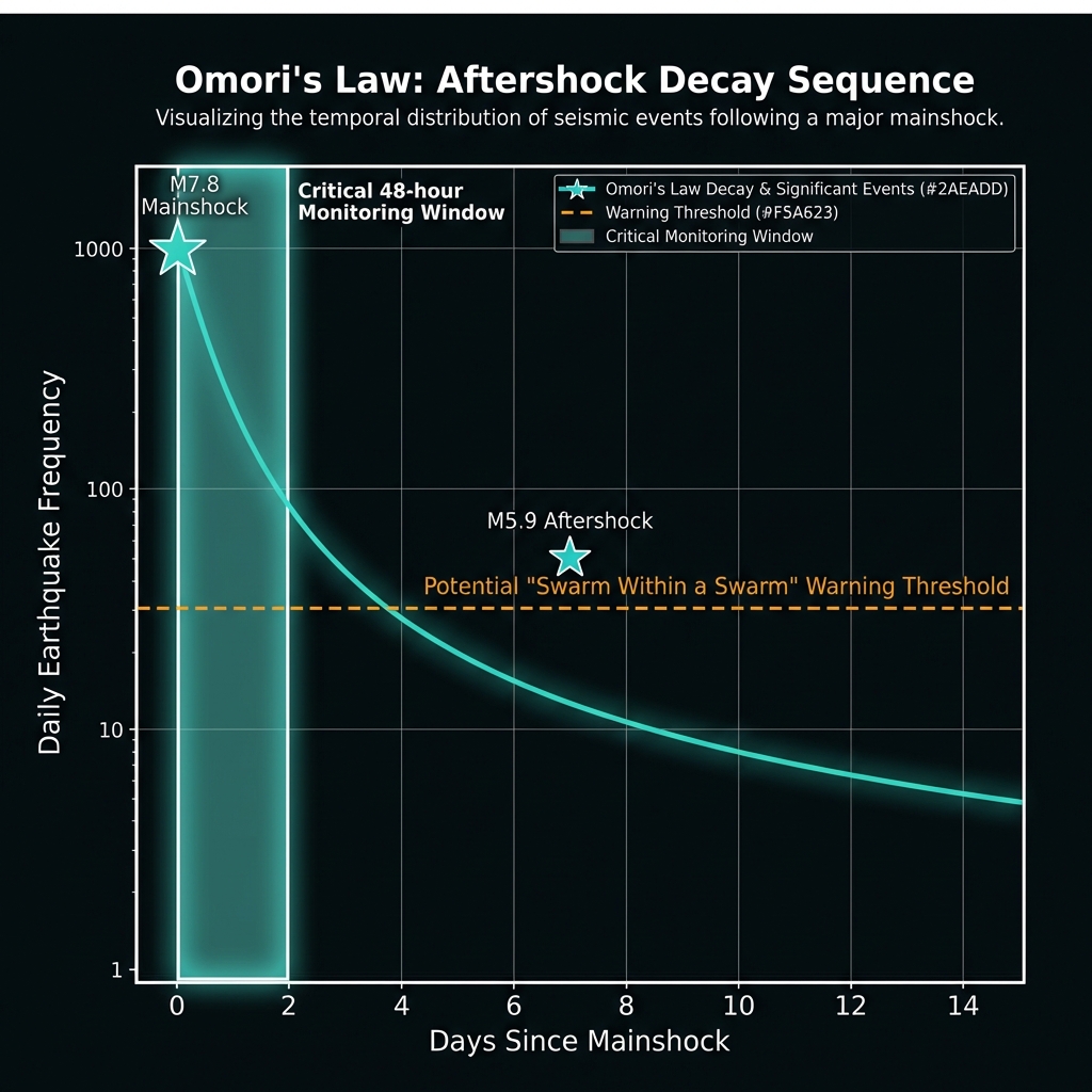 Chart showing Omori's Law decay curve predicting aftershock frequency decrease over time