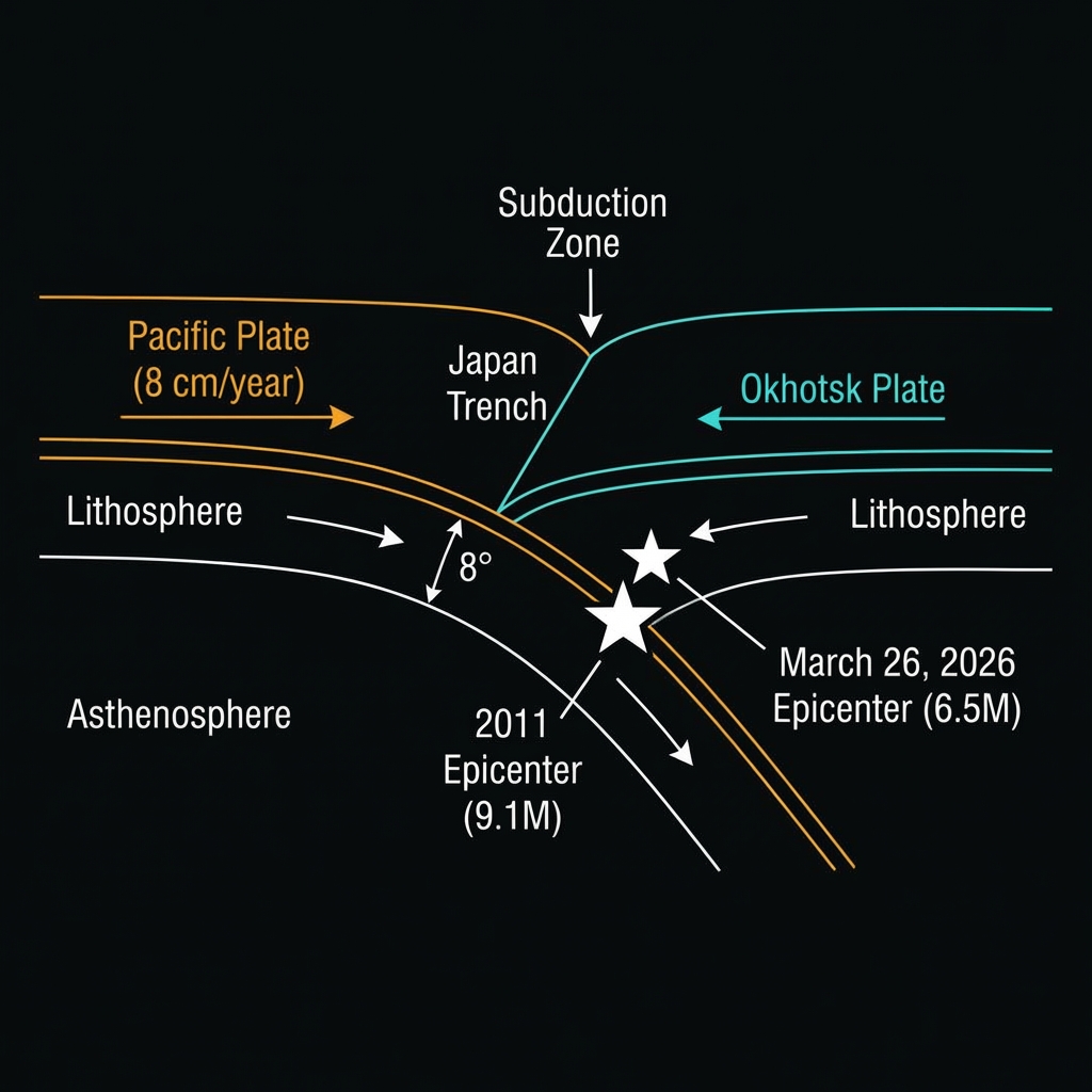 Cross-section diagram showing the Pacific Plate subducting beneath the Okhotsk Plate at the Japan Trench, marking the 2011 and 2026 earthquake epicenters.