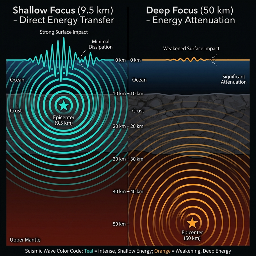 Diagram comparing shallow versus deep earthquake focal depths, showing how energy from the 9.5km depth reaches the surface with less attenuation than deeper quakes.