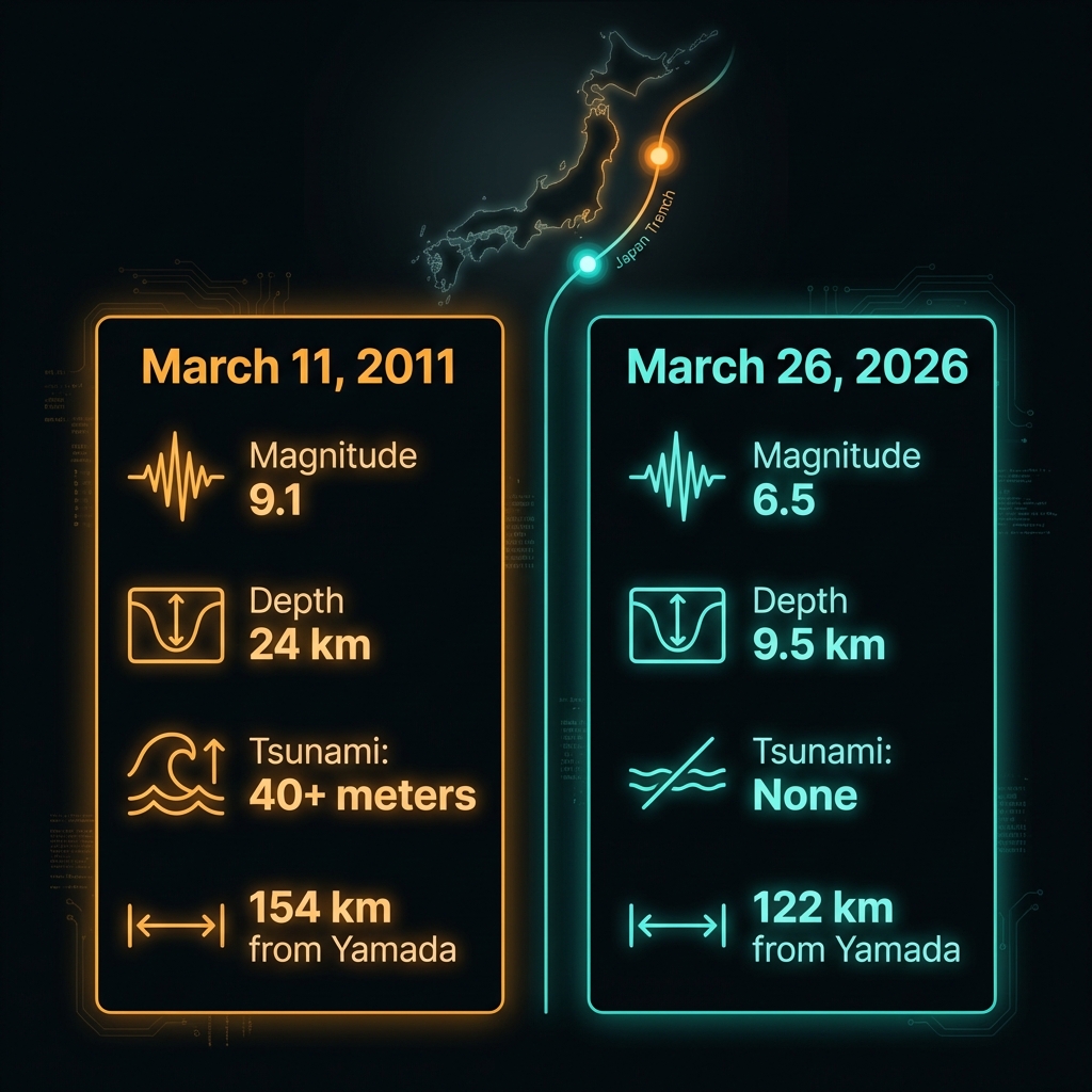 Infographic comparing the 2011 magnitude 9.1 earthquake with the 2026 magnitude 6.5 earthquake, showing differences in depth, magnitude, tsunami risk, and distance from shore.